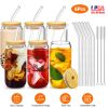 6Pcs Mason Jar Cups with Lid 16OZ Reusable Glass Beer Can with Bamboo Lids Glass Straws Cleaning Brush for Iced Coffee Smoothie Tea